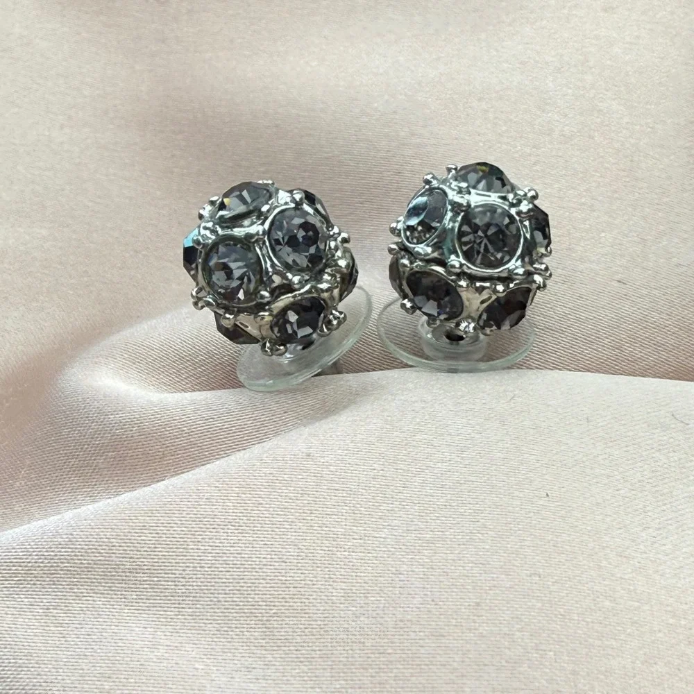 Smoke Gray & Silvertone Cluster Ball Rhinestone Stud Earrings